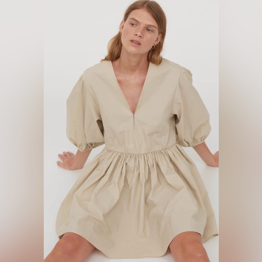 H&M HM TREND Beige V-NECK TAFFETA DRESS